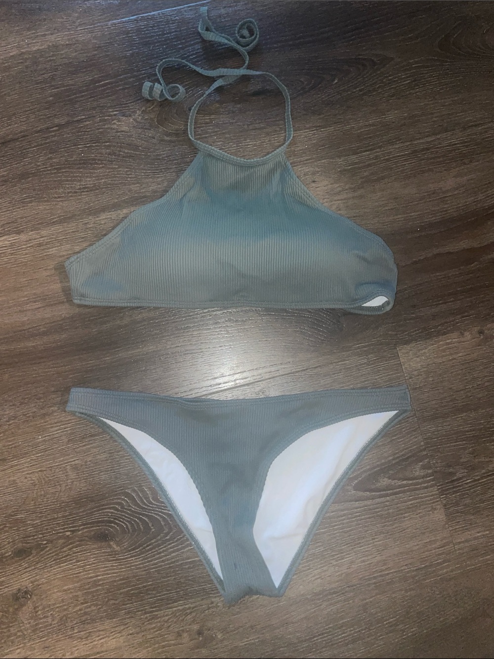 High Neck Ribbed Bikini Set in Sage Green